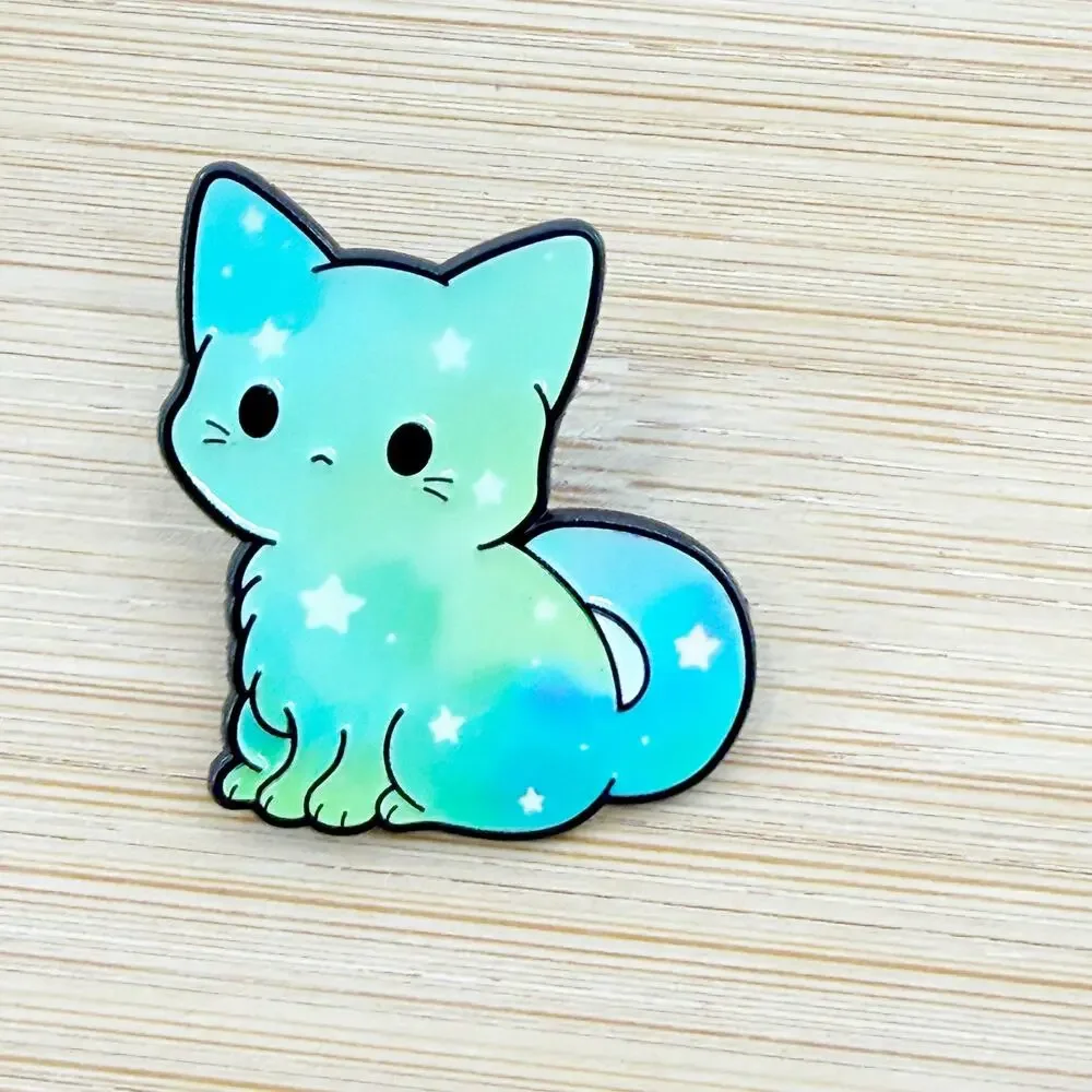 Blue & Green Kawaii Rainbow Galaxy Cat Enamel Pin